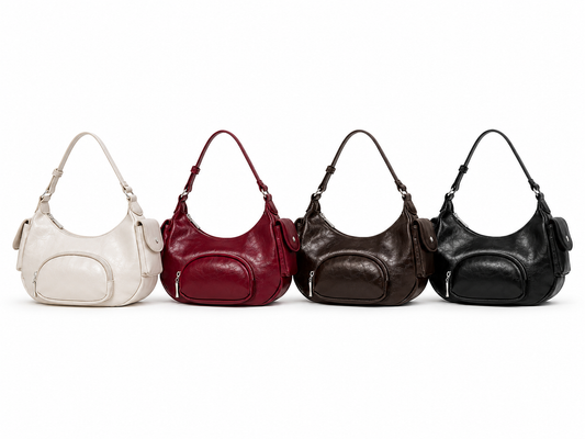 BOLSO HOBO EN CUERO SINTÉTICO, CON BOLSILLO INTERNO Y FRONTAL, CORREA DE MANO.