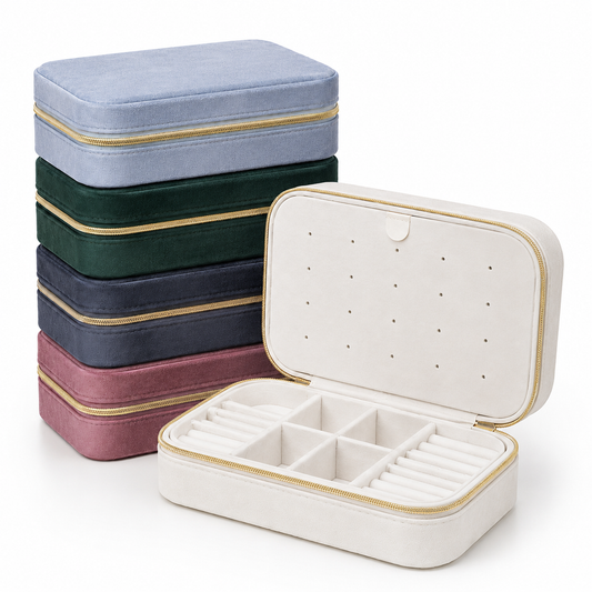 JOYERO RECTANGULAR MEDIANO DE GAMUZA Y ORGANIZADOR PARA ANILLOS, CADENAS, DIJES Y TOPITOS.